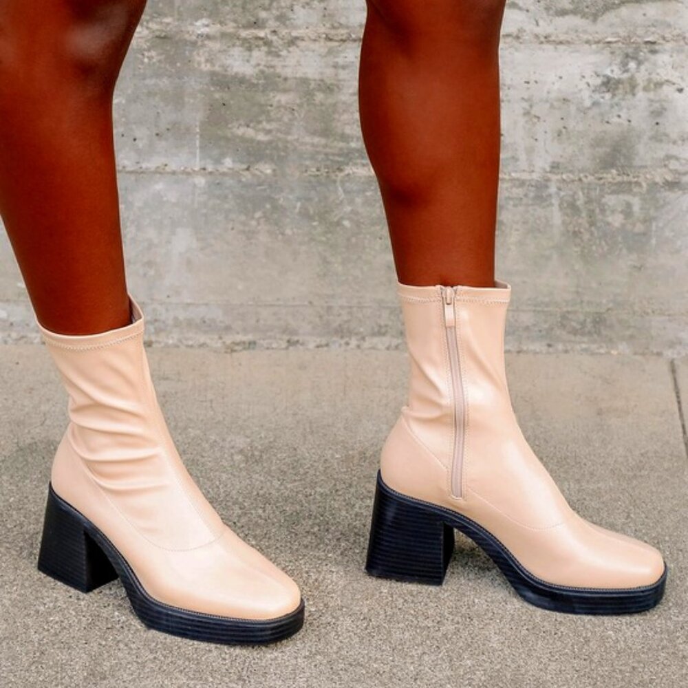 Lulus Hughez Almond Platform Mid-calf Boots Beige - Size 7